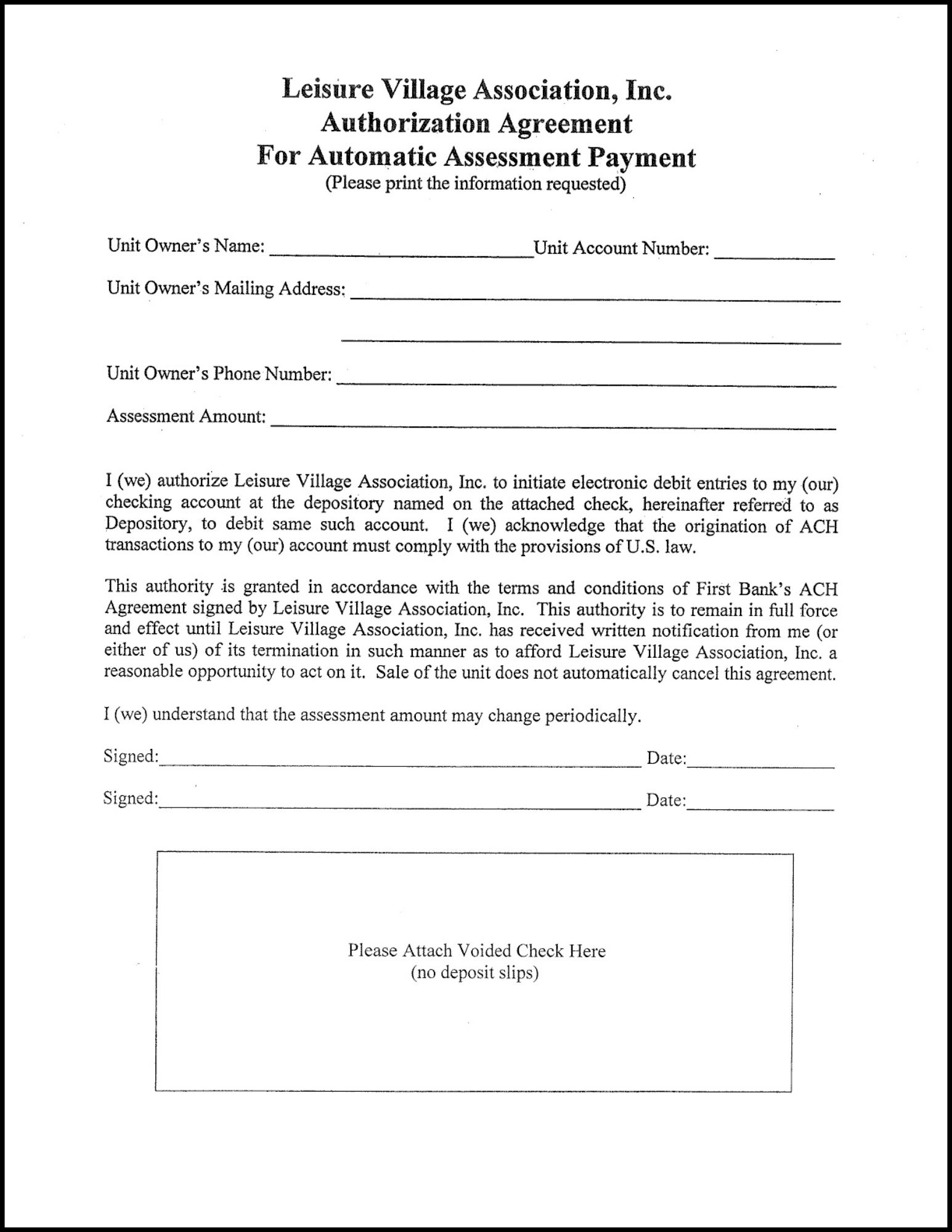 HOA fee schedule document