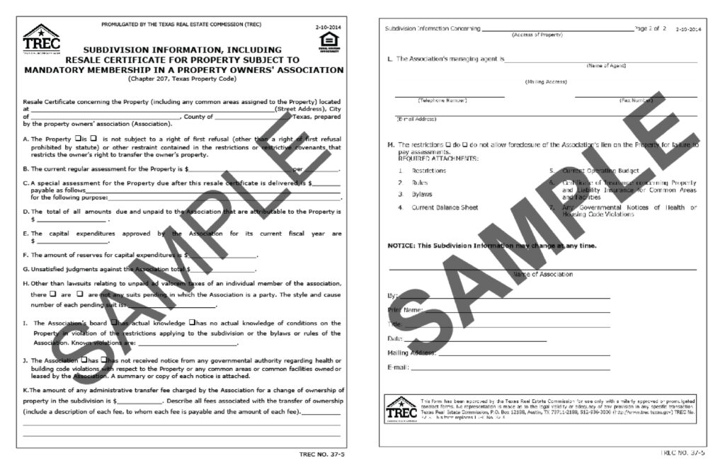 HOA resale certificate document