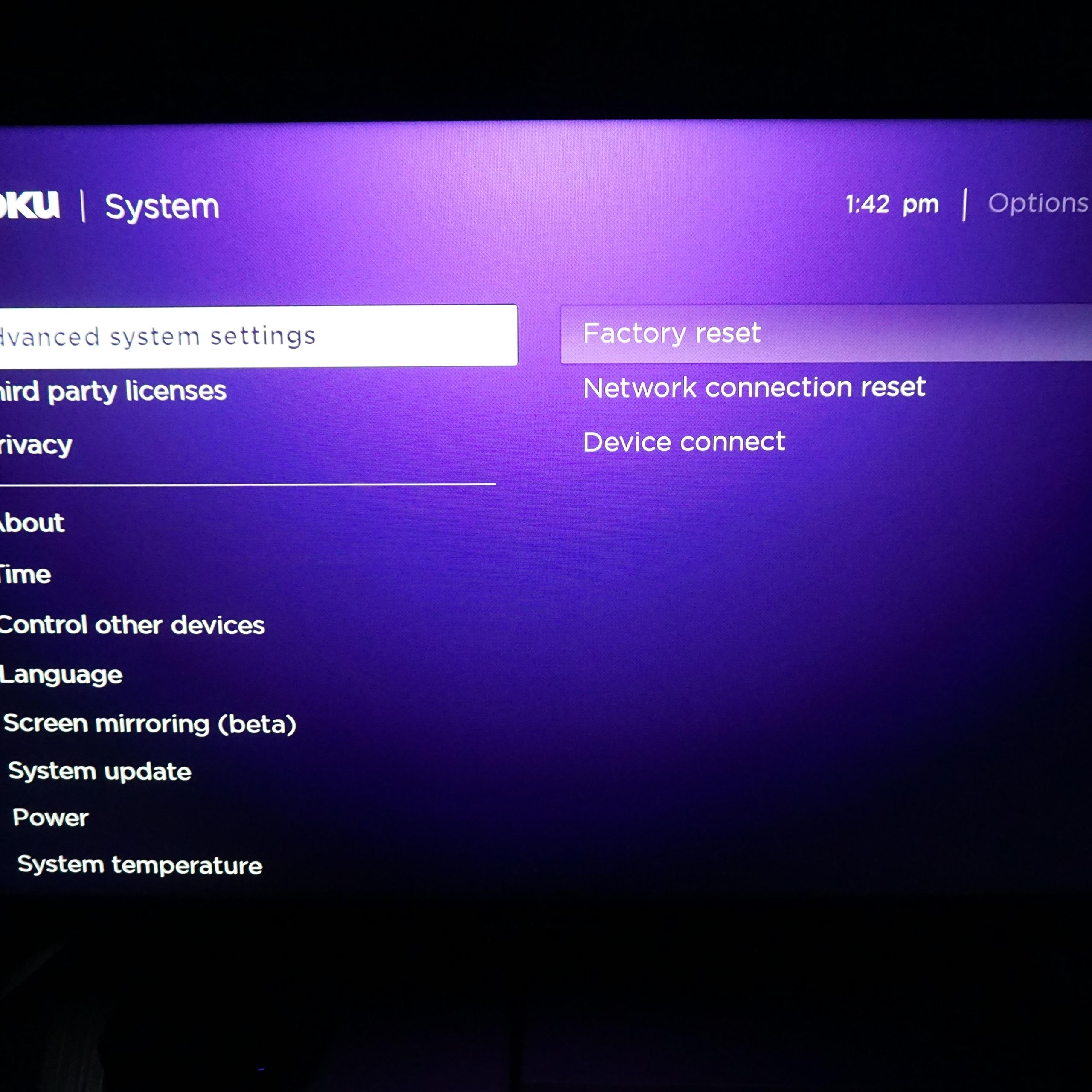 roku settings menu restart